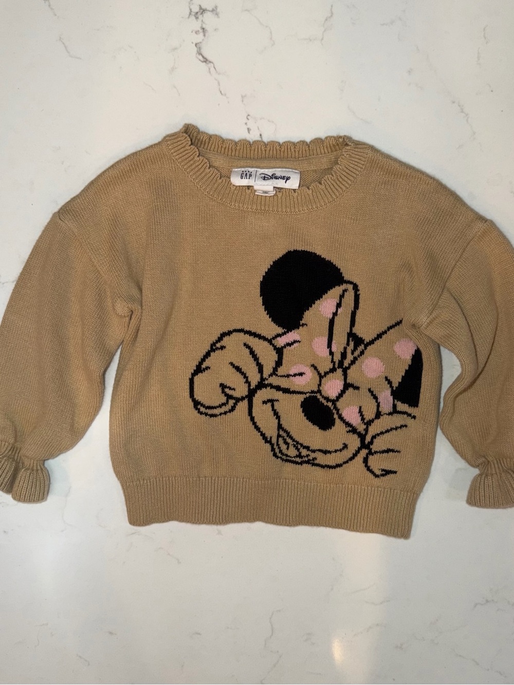 GAP Tan Minnie Mouse Crewneck Sweater with Pink Bow